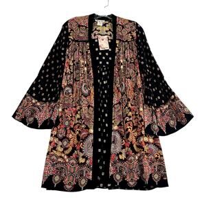 Gypsy Love Bell Sleeve Velvet Trim Open Front Kimono Cardigan Black Womens Small
